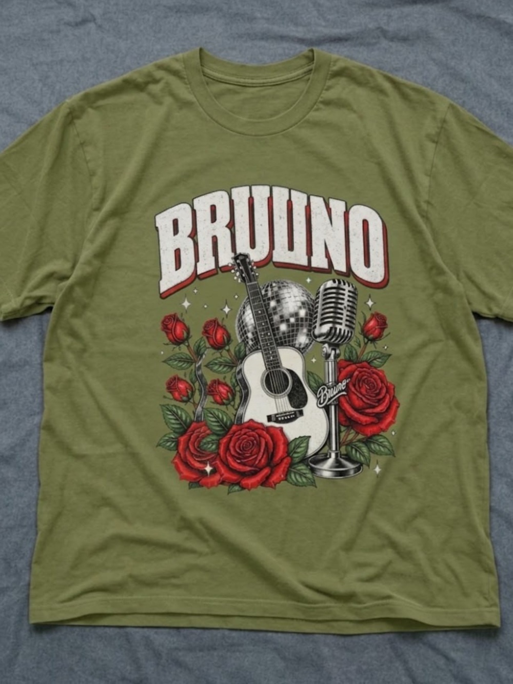 Gildan Olive Graphic Tee with Red Rose, Guitar & Microphone